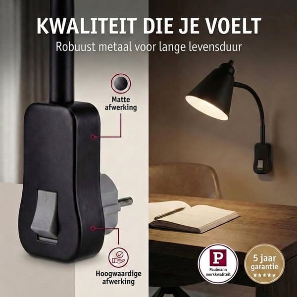 Paulmann Junus Plug-in Væglæselampe med Fleksibel Svanehalsarm, Dæmpbar E14 Fatning Natlampe til Soveværelse, Sort