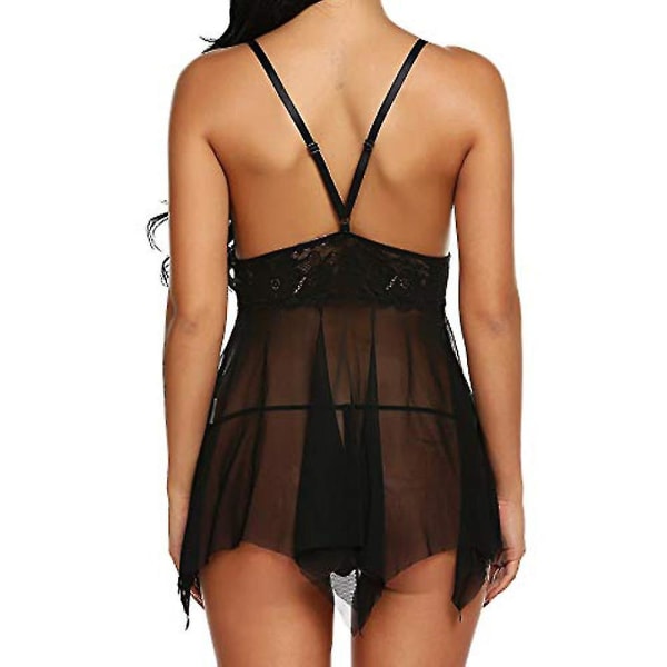 Sexig spetsunderkläder för kvinnor, genomskinlig babydoll-nattlinne, mesh, djup V-ringning, sovkläder XL Svart XL Black