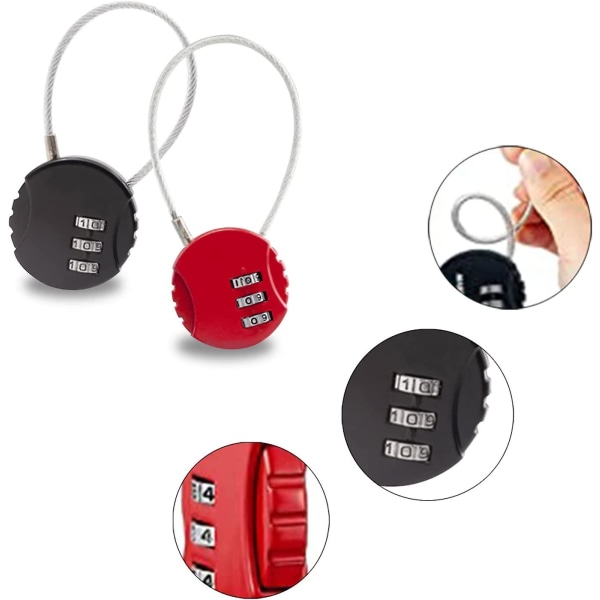 Kombinationshængelås, lille nøglefri nulstillelig sikkerhedshængelås 3-cifret kombinationslås til kufferter (2 stk, rød+sort)