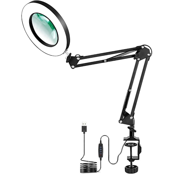 LED Forstørrelseslampe Med Klemme, 3 Farver 5 Diopter Diopter Oplyste Forstørrelseslamper, Justerbar Svingarmlampe Til Bord Eller Værksted