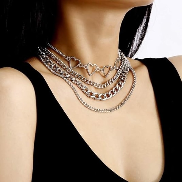 Enkelt hjärta Halsband Choker Chain Layered Cuban Chunky Silver Chain Halsband för kvinnor Män Flickor Chic y2k Kläder Smycken