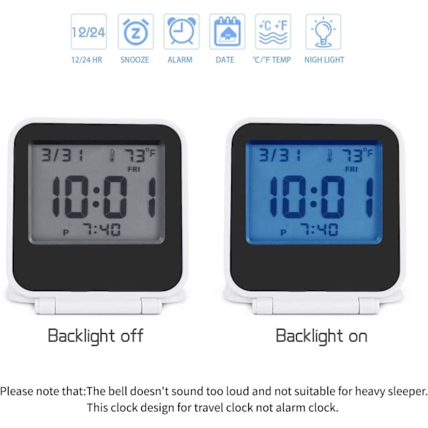 Liten Digital Reseväckarklocka, Batteridriven Mini Reseklocka med Bakgrundsbelysning, Bärbar Vikbar Mini Fickkalender Temperaturklocka (Vit)_RY