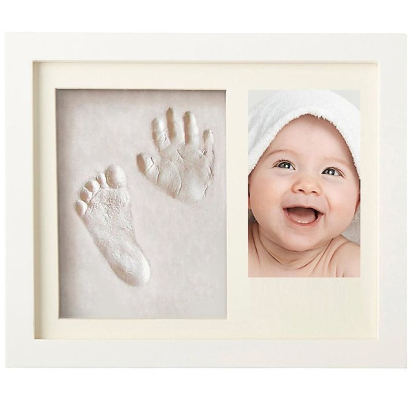 Babybilderamme med gipsavstøpning, størrelse 23x28cm, farge hvit, bilderammeavtrykkssett Håndavtrykk og fotavtrykk