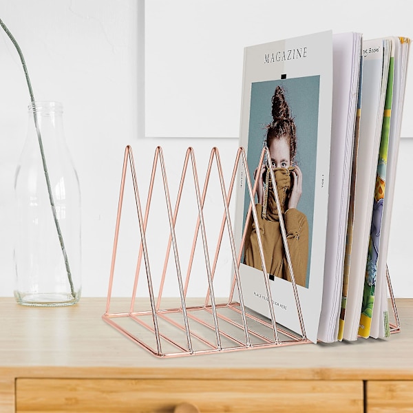 Tidningsställ i metall - Triangulärt tidnings- och bokställ med 9 fack för hemmet, bokhyllan, badrummet - Roséguld Rose gold