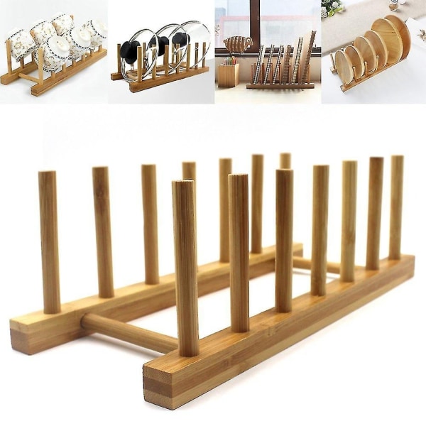 Bambus træ tallerkenstativ Pladerholder Kompakt køkkenopbevaringsskab Organizer til fad/tallerken/skål/kop/grydelåg/skærebræt