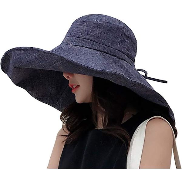 Solhatt för kvinnor med bred brätte, UPF 50+, sommarhatt, hopfällbar, floppy strandmössa för kvinnor, en sida marinblå One Side navyblue