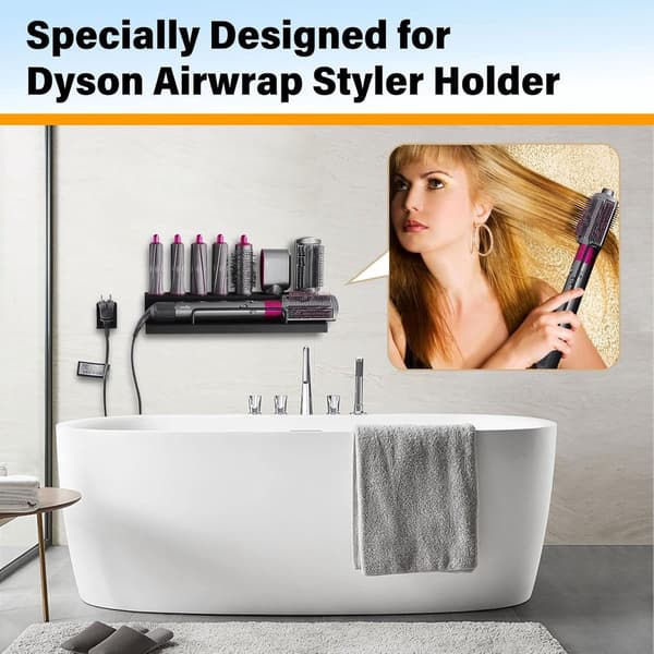 Vægmonteret hårtørrerholder til Dyson Airwrap Styler Krøllejern og tilbehør, rustfrit stål stansefri opbevaringsstativ, sort, 38x13,8x7cm