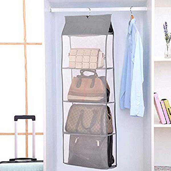 Avtakbar Hengeveske Håndveske Organiserer For Kleskap, Veske Oppbevaring Holder For Garderobe Kleskap Med 4 Hyller Plassbesparende Veske Organiserer Grå Grey