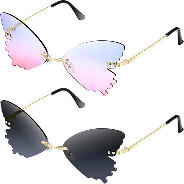 2 Paria Perhosta Rimless Aurinkolasit Kissamaiset Ylisuuret Silmälasit Metallikehyksellä Miehille Ja Naisille Punainen Vihreä Red  Green