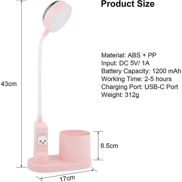 Skrivebordslampe for barn, studielampe med pennholder, automatisk fargeskiftende nattbordslampe, dimbar oppladbar LED-leselampe for barn (rosa)