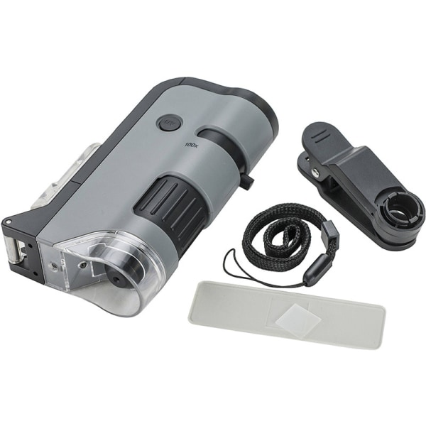 250x LED- och UV-upplyst fickmikroskop med fällbar skjutbas och Smartphone Digiscoping Clip