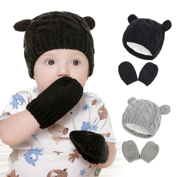 Babyhatt och Vantar, Baby Flicka Pojke Hatt Vantar Set Vinter Stickade Hattar Baby Nyfödda Hattar för Baby 0-2 Månader (L; Svart)