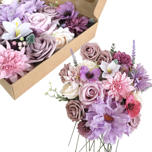 Kunstig Bokssett, Case Blomster Hjemmedekorasjon (Lilla)