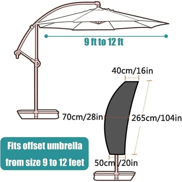 Cover passar utomhusparaplyer - Vattentätt fribärande offset cover med robust dragkedja - Inklusive stödstång S