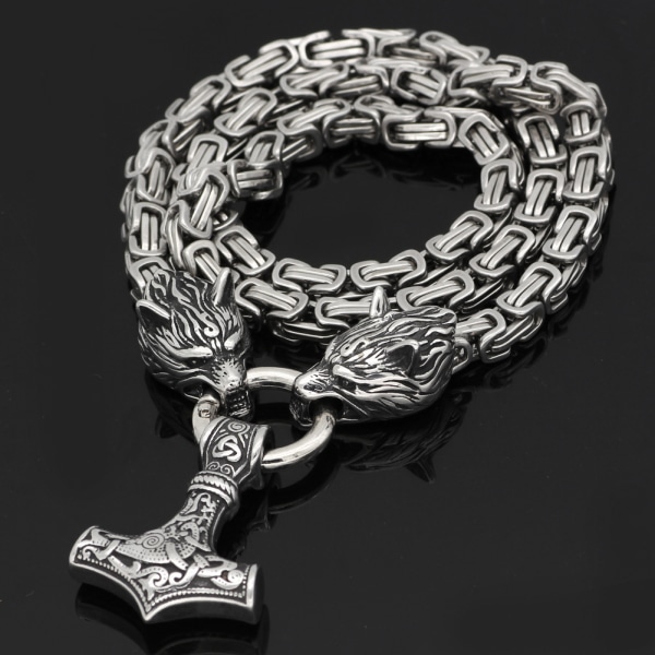 Mäns rostfritt stål Viking Wolf Head hänge halsband - Dragon Chain