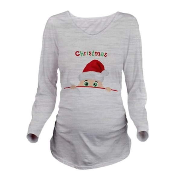 Gravid kvinna jultomten med rund krage tryck andningsbar T-shirt till julfestmgrå långärmad grey Long Sleeves m