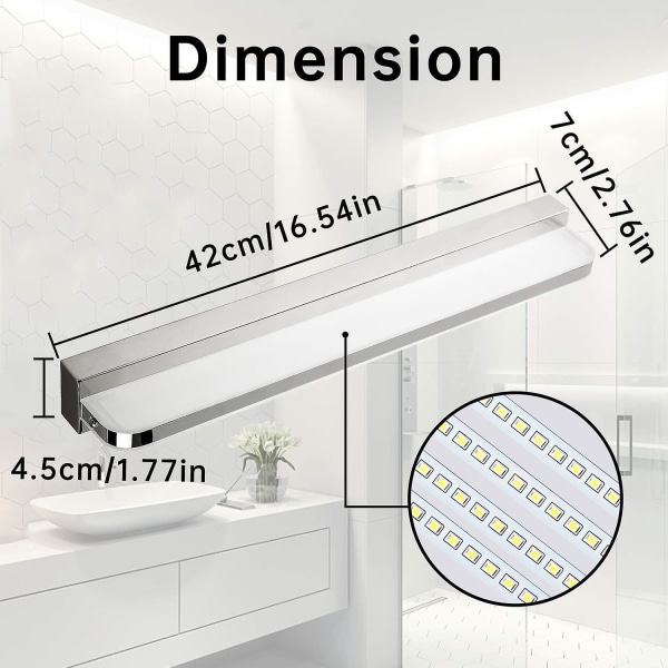 Badeværelsesspeil Lys Led Speil Lys 9w 600lm Led Speil Lys Vegglys Bad Kald Hvit 6000k Rustfritt Stål Led Speil Lys 42