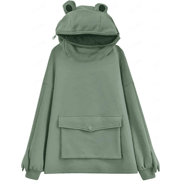 Söt Grodhuvtröja med Dragkedja för Kvinnor/Flickor, Pullover med Stor Framficka