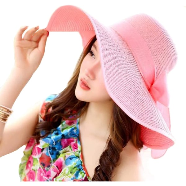 Solskydd för damer med bred brättad stråhatt, hopfällbar disketthatt, sommar UV-skydd strandmössa C1 f rosa C1 f pink