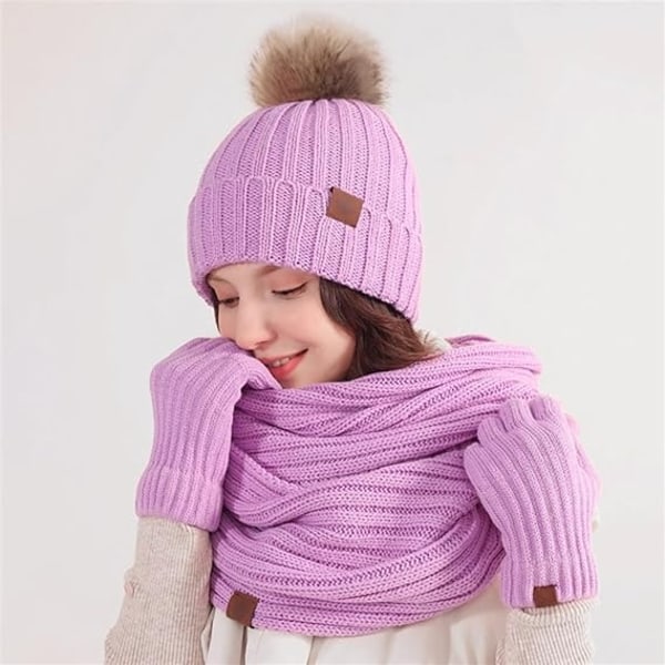 Vinter voksen vinter varmt strikket tørklæde hat og handsker 3 i 1 sæt touch screen handsker strikket sæt marineblå （lilla）