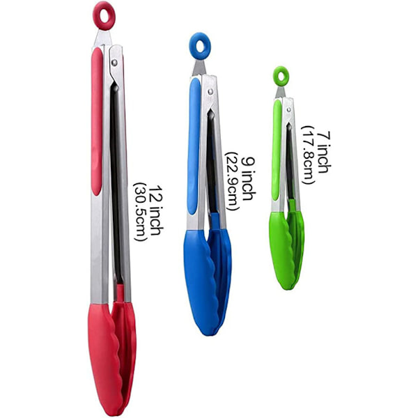 Sæt af 3 - 17,8 cm, 23 cm og 30,5 cm, Låsbar Køkken Tang, Silikon Køkken Tang, Premium Kvalitet Rustfrit Stål med Silikon Spidser