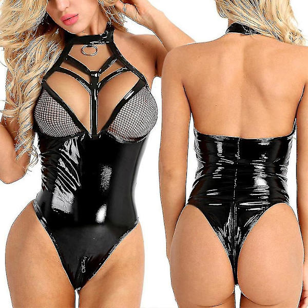 Dame Sexy Nattøy Bodysuit Faux Lær Våt Look UndertøyM M