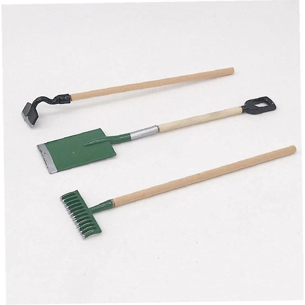 3 stk Miniatyrverktøy Hageplen 1/12 Dukkehus Arbeidstilbehør Med Skovl Rake Spade For Dukkehus Eller Hagedekor Grønn Modell Forbedre Hender På
