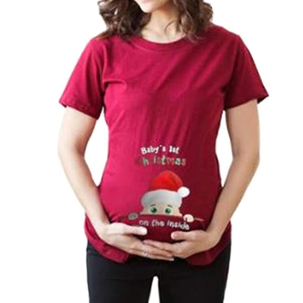 Gravid kvinna jultomten med rund krage tryck andningsbar T-shirt för julfestxxlVit långärmad White Long Sleeves xxl