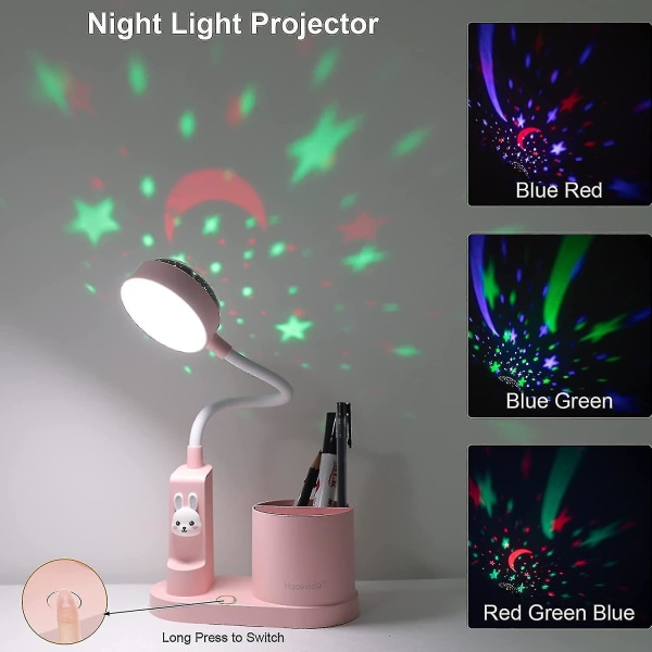 Skrivebordslampe for barn, studielampe med pennholder, automatisk fargeskiftende nattbordslampe, dimbar oppladbar LED-leselampe for barn (rosa)