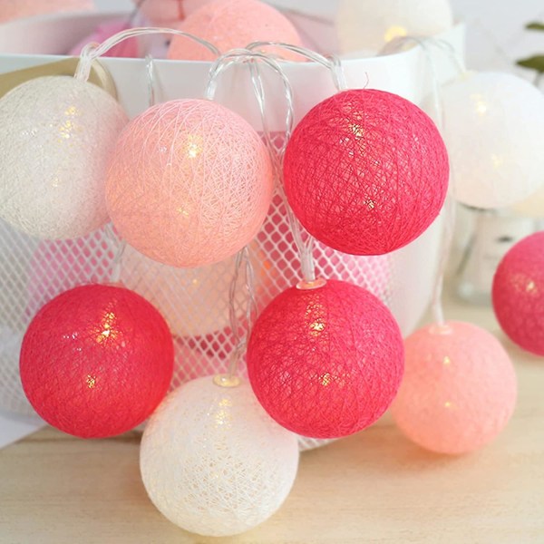 Pink Ball Lysguirlande Soveværelse - Bomuldslysguirlande - 3 M 20 LED-lysstreng - Bærbar LED-lysguirlande til Indendørs