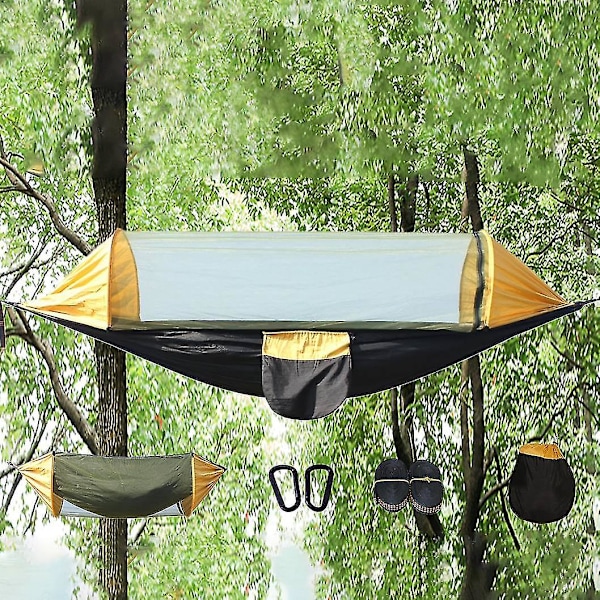 Campinghängmatta med nät kompatibel med vandring camping gul svart