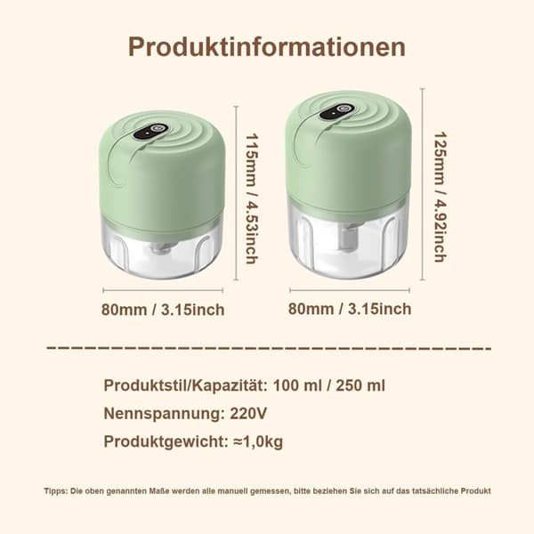 Mini mathakker, 250 ml USB oppladbar med 3 rustfrie stålblader, for hvitløk, grønnsaker, babymat og camping, grønn