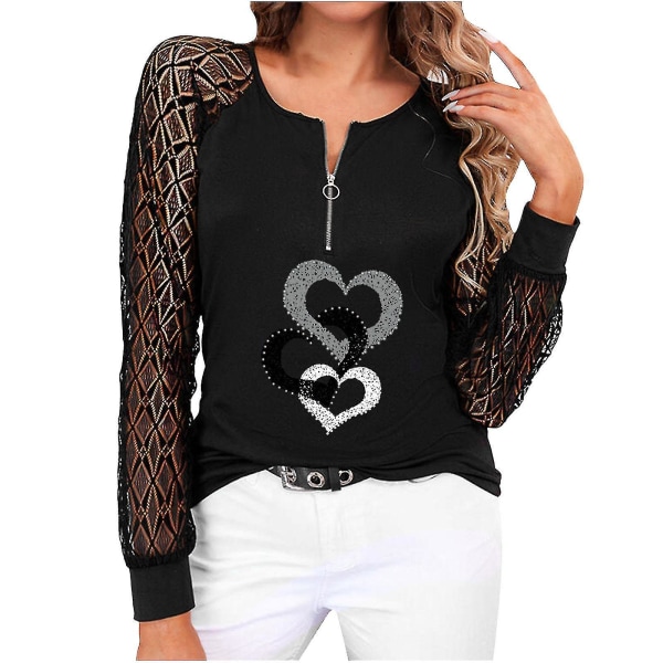 Mode Dame O-Hals Udsletning Langærmet T-Shirt Efterår Trykning Lynlås Bluse Toppe Sort Black S
