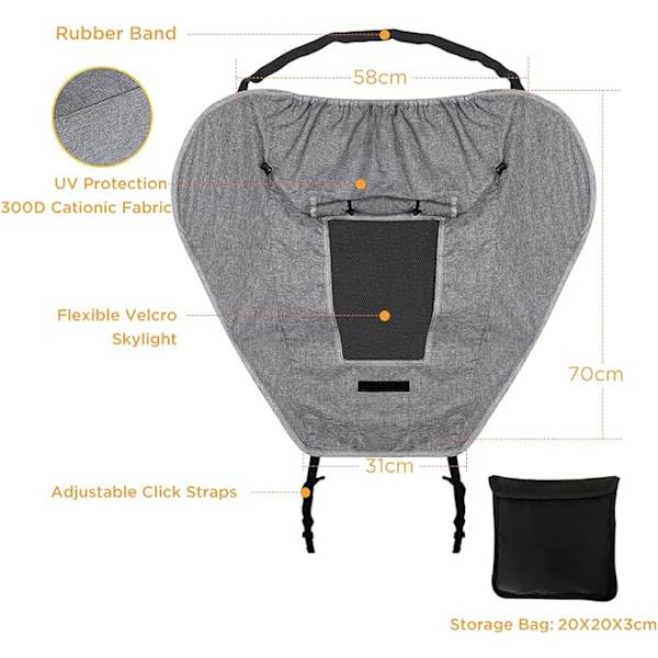 Universal Grå, Solskjerm for Barnevogn, Kalesje Solskjerm Markise for Vogn Carrycot, UV 50+ Justerbar Solbeskyttelse Vugge med Oppbevaringspose