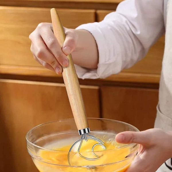 Rustfrit Stål Dejg-Mixer med Træhåndtag - Ægpisker - Køkkenudstyr