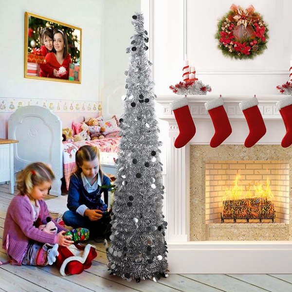 5 fot pop-up julgran med stativ, vacker hopfällbar konstgjord julgran för juldekorationer