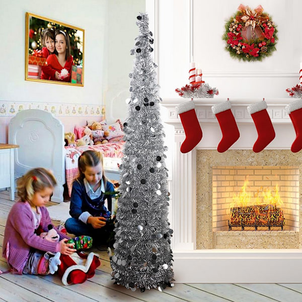 5ft Pop Up Juletræ i Tinsel med Stativ, Smuk Sammenklappelig Kunstigt Juletræ til Julepynt