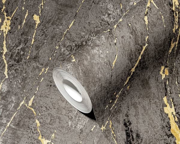 A.S. Création Elements 2 Industriel Tapet, Non-Woven Vinyl Antracit Guld Sort Stenlook, 10.05m x 53cm Rulle til Stue Kontor