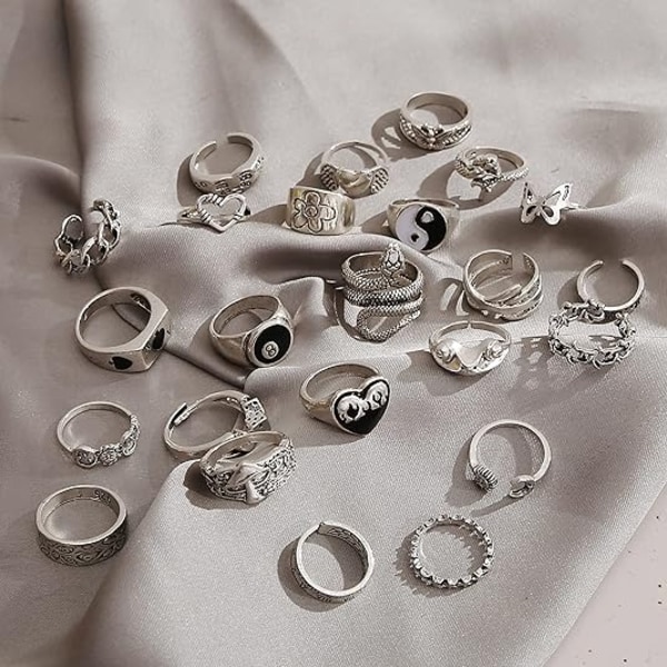 Vintage sølv åbne punkringe til mænd, kvinder, 24 STK Justerbare ringe, Alt-ringe, Chunky sølvringe, voluminøse ringe, Hippie-ringe