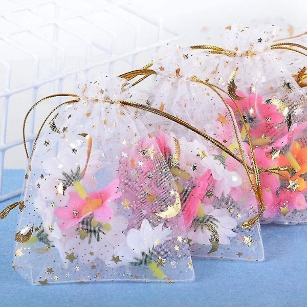 Small Organza Jewelry Wedding Favor Bags W/ Drawstring Star Moon Pattern. (white+gold)(100pcs)