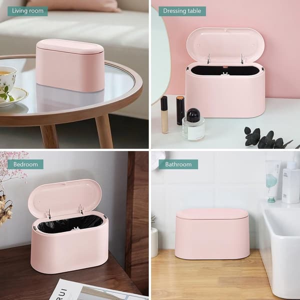 Mini-soptunna med tryckknappslock, kompakt bänkskåp för skrivbord, badrum, sovrum, kontor, platsbesparande, rosa