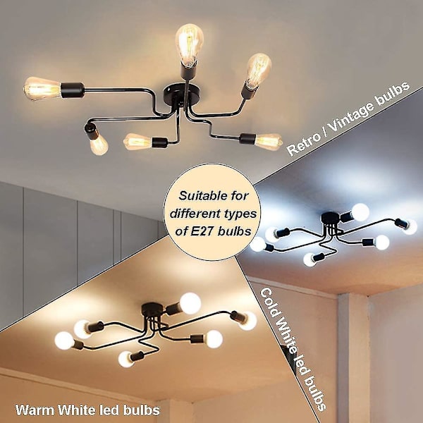 Industriell Metall Lysarmatur Retro Lampe 6 Lampe Vintage Hengelampe DIY E27 Svart For Stue Kjøkken Gang Loft Spisestue Bar Cafe