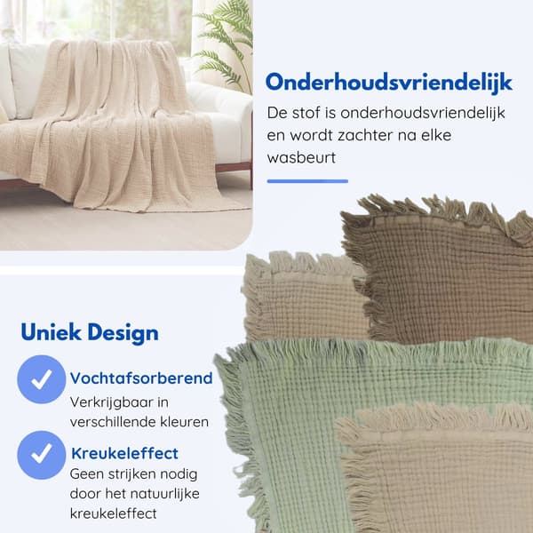 Mousselintæppe 100% Bomuld Blødt Åndbart Tæppe til Sofa Seng Rejse og Helårsbrug, Beige, 59 x 79 Tommer