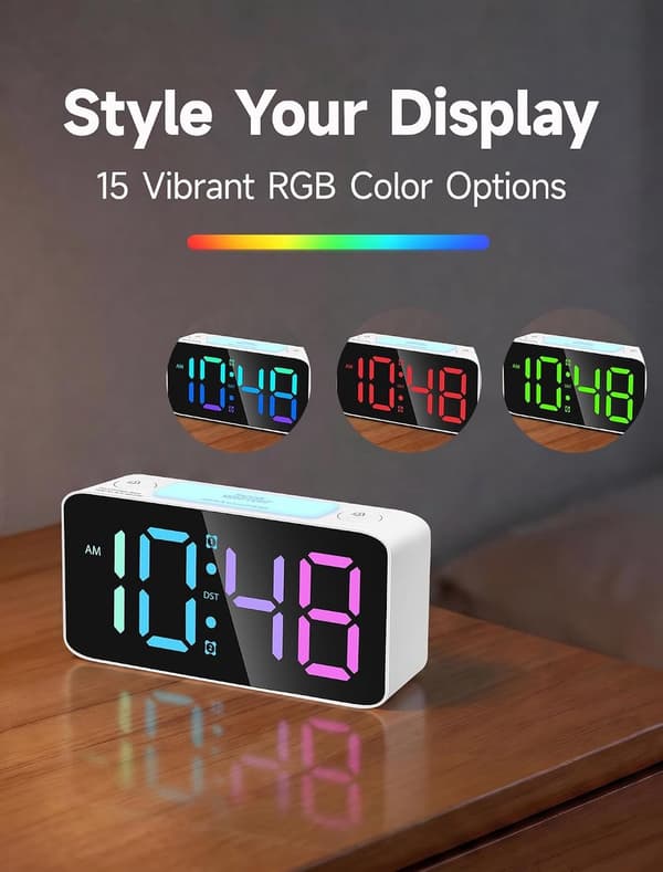RGB digitalt vækkeur med natlys, 6,3 tommer LED-display, høj alarm til dybe sovende, USB-drevet, sort
