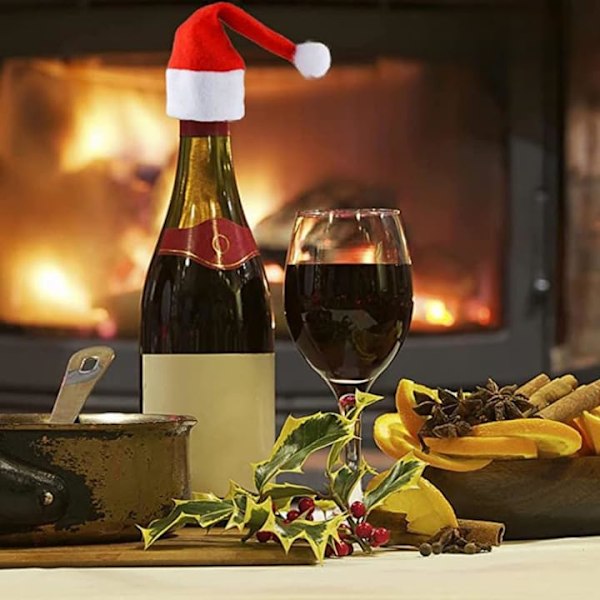 Mini Jultomtar - Små Stickade Julhattar, Dekorationer, Små Vinflaskhållare, Dockhattar (10 stycken, Röd)
