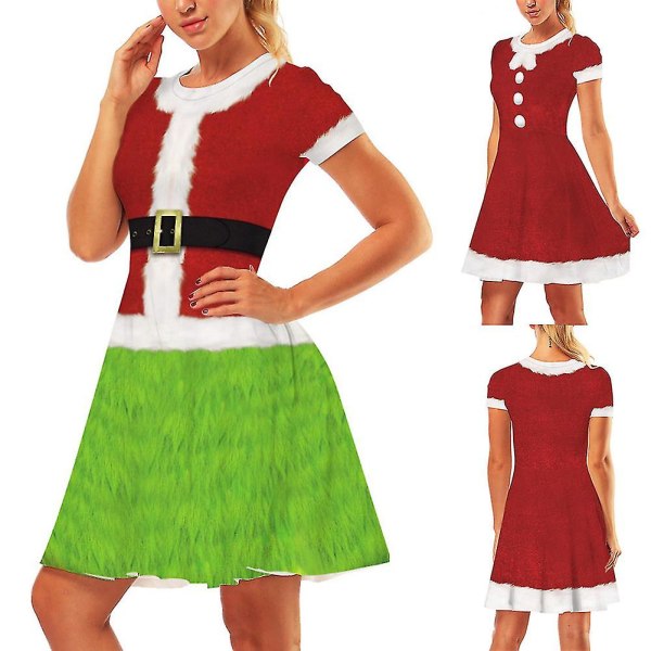 Women Red And Green Christmas Santa Dress Short Sleeve Round Neck Dress For Women MotherLBEP038