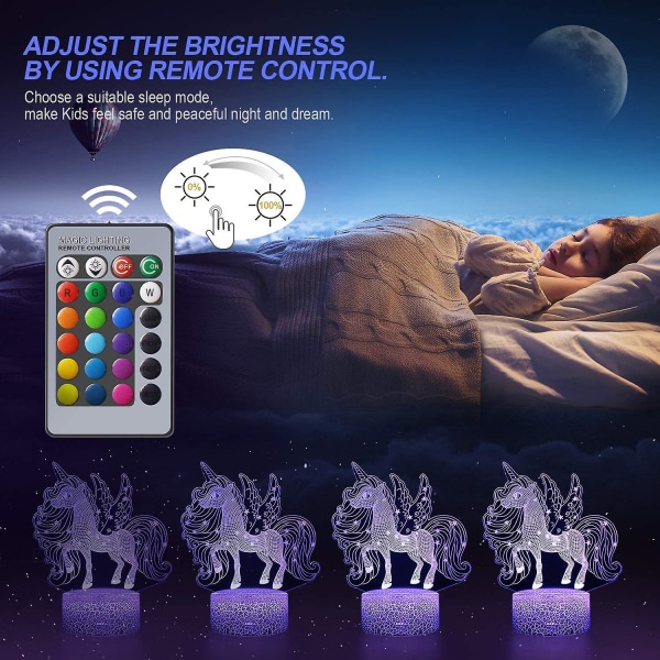 Enhjørning nattlys for barn og baby, oppladbar 3d illusjonslampe 16 skiftende farger med fjernkontroll, bursdags- og feriegave til barn G