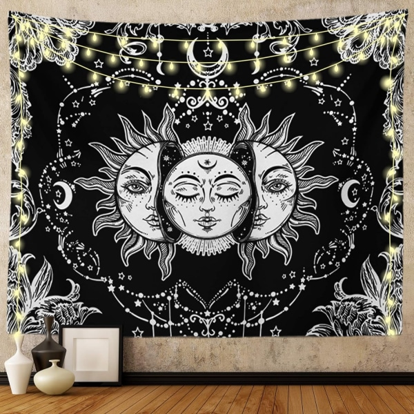 Sol og Måne Vægtæppe, Sort og Hvid Vægtæpper Mystisk Brændende Sol med Stjerne Væghængende Dekoration til Soveværelse (150 cm B x 130 cm L)
