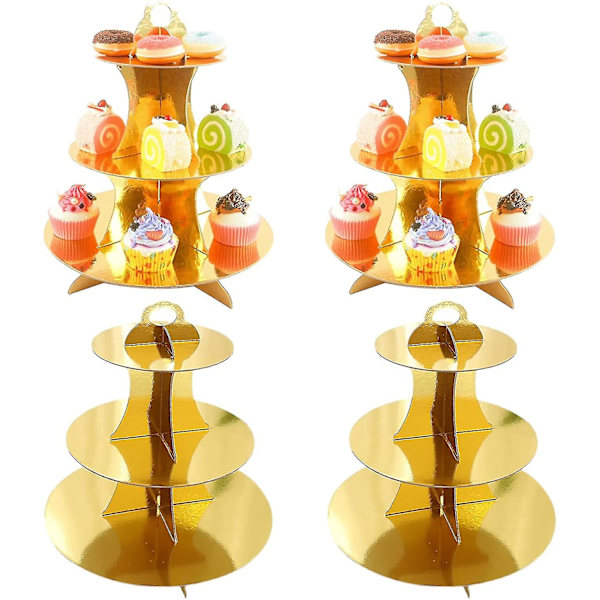 Förpackning med 4 runda cupcake-ställ i kartong, 3-vånings guld cupcake-hållare för bröllop, födelsedagsfest, examen