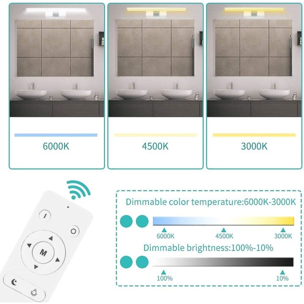 LED Badeværelsesspejl Lys, 40 Dæmpbar Badeværelsesvæglampe, 12w 1000lm 3000-6000k, Ip45 Vandafvisende, Klips På Spejl, Skab, Vægledelampe